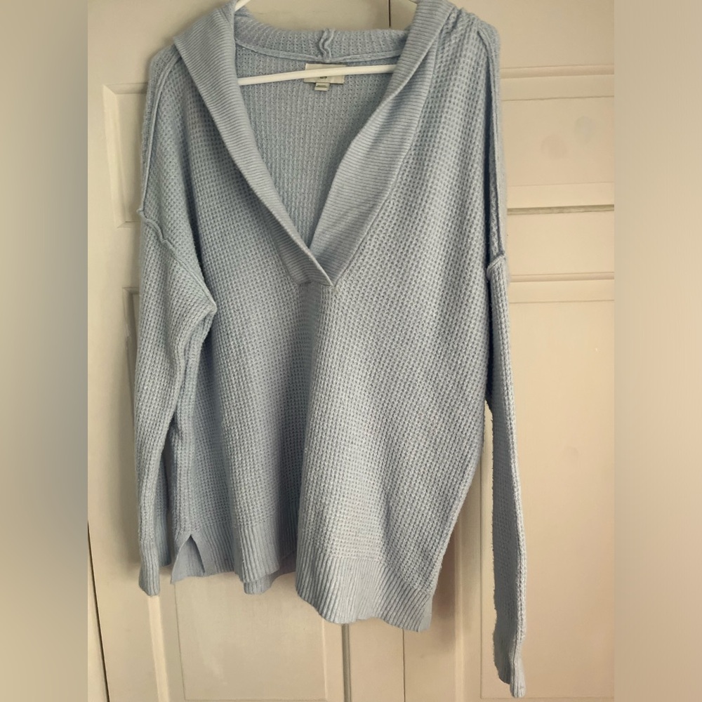 Aerie Hooded V-Neck Waffle Sweater Light Blue Size XS